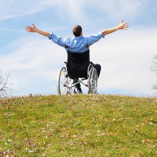 Happy Wheelchair user on a green hill