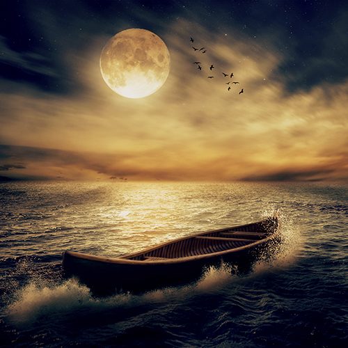 Boat drifting away from past in middle of ocean after storm without course on moonlight sky night skyline clouds background. Conceptual nature landscape screen saver. Life saver future hope concept